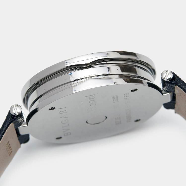 Pre Owned Bvlgari SIlver Heart Diamond Pave Stainless Steel Leather B.Zero1 BZ 35 S Women's Wristwatch 35 mm