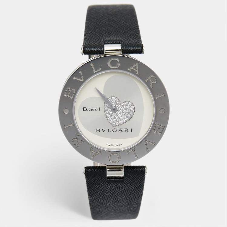 Pre Owned Bvlgari SIlver Heart Diamond Pave Stainless Steel Leather B.Zero1 BZ 35 S Women's Wristwatch 35 mm