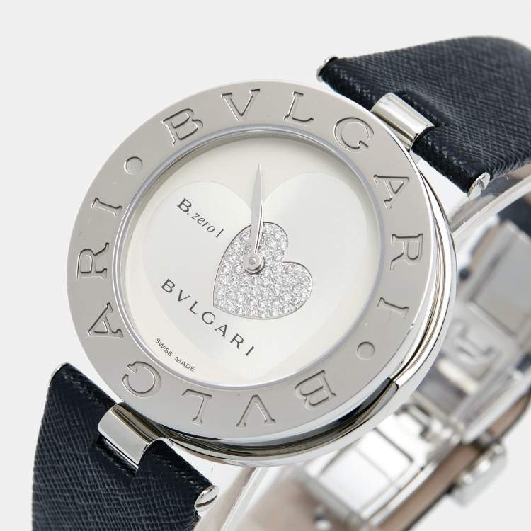 Pre Owned Bvlgari SIlver Heart Diamond Pave Stainless Steel Leather B.Zero1 BZ 35 S Women's Wristwatch 35 mm
