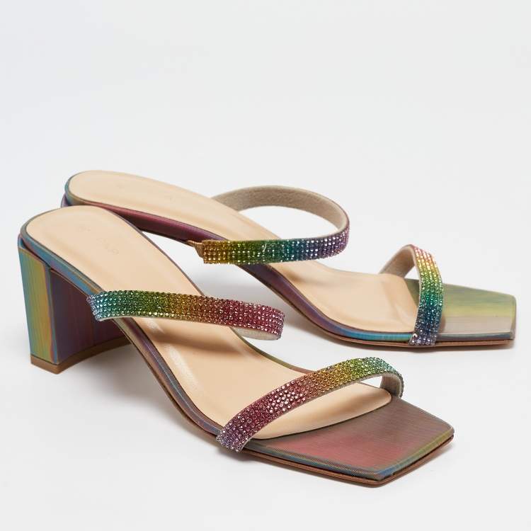 Pre Owned By Far Multicolor Crystal Embellished Leather Tanya Sandals Size 39