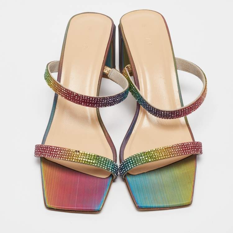 Pre Owned By Far Multicolor Crystal Embellished Leather Tanya Sandals Size 39