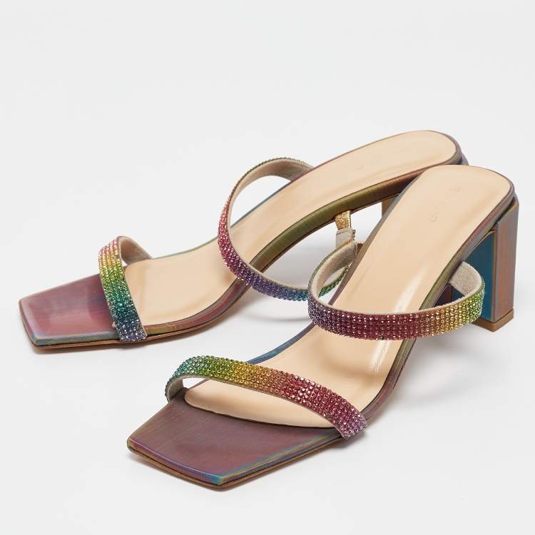 Pre Owned By Far Multicolor Crystal Embellished Leather Tanya Sandals Size 39