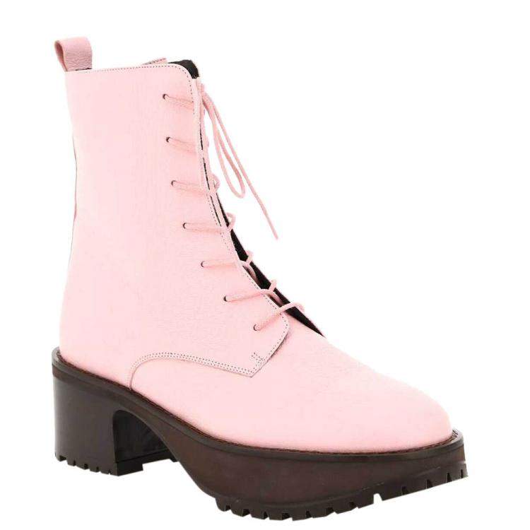 By Far Pink Grained Leather Cobain Peony Lace-Up Ankle Boots Size 
