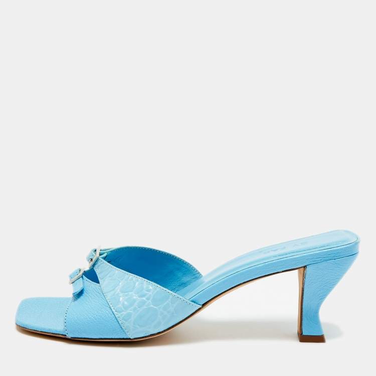 Pre Owned By Far Size 39 Blue Croc Embossed Leather and Leather Slide Sandals