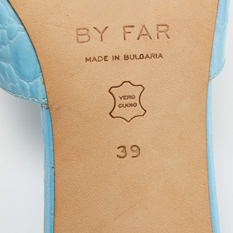 Pre Owned By Far Size 39 Blue Croc Embossed Leather and Leather Slide Sandals