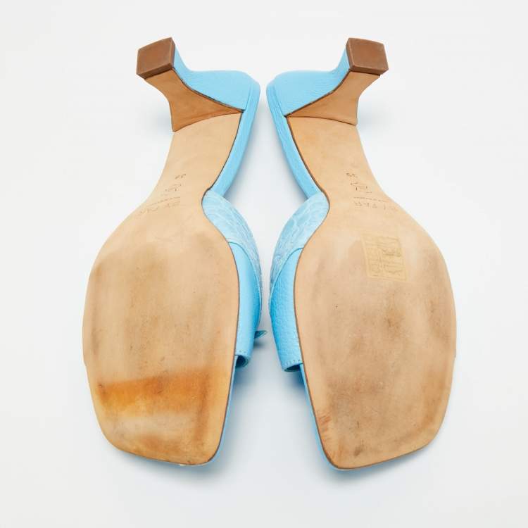 Pre Owned By Far Size 39 Blue Croc Embossed Leather and Leather Slide Sandals