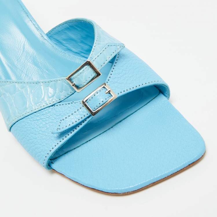 Pre Owned By Far Size 39 Blue Croc Embossed Leather and Leather Slide Sandals
