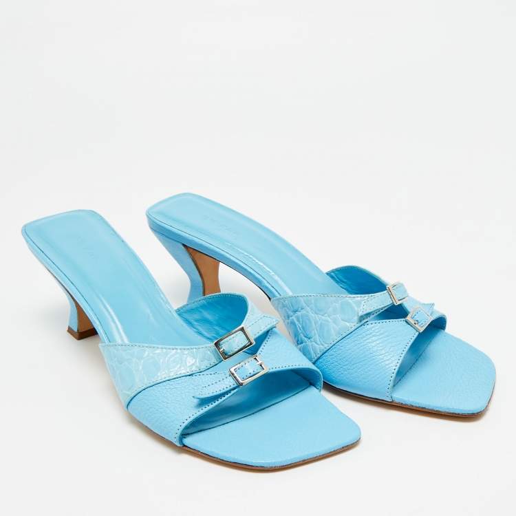 Pre Owned By Far Size 39 Blue Croc Embossed Leather and Leather Slide Sandals
