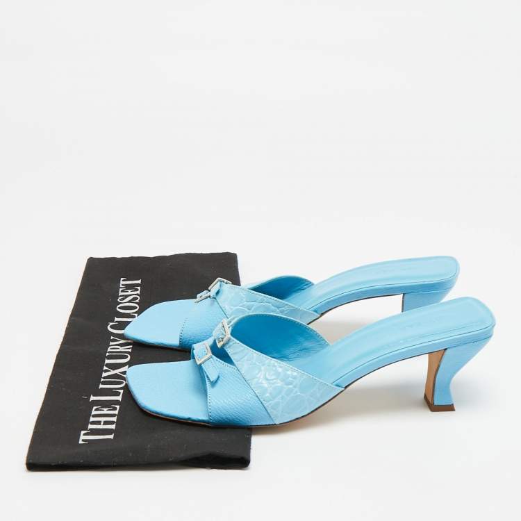 Pre Owned By Far Size 39 Blue Croc Embossed Leather and Leather Slide Sandals