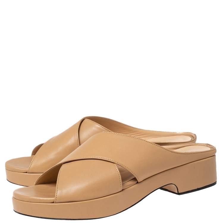 Pre Owned By Far Nude Leather Iggy Slide Sandals Size 38 