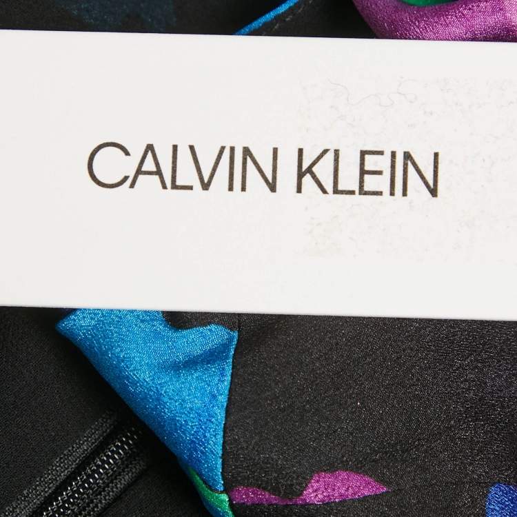 Pre Owned Calvin Klein Blue Floral Print Crepe Asymmetrical Midi Dress M  