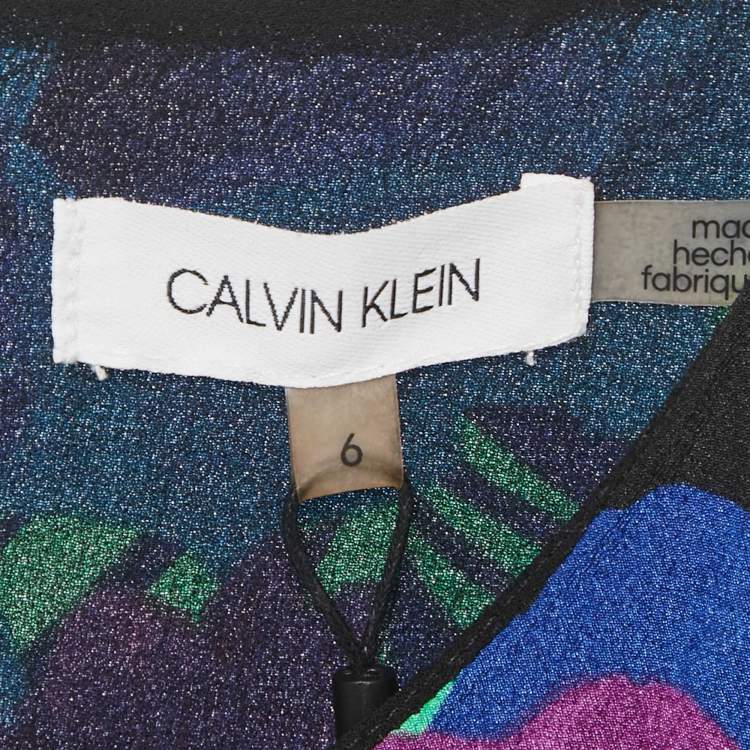 Pre Owned Calvin Klein Blue Floral Print Crepe Asymmetrical Midi Dress M  