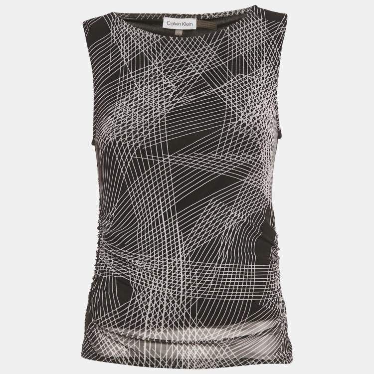 Pre Owned Calvin Klein Black Printed Mesh Sleeveless Top S