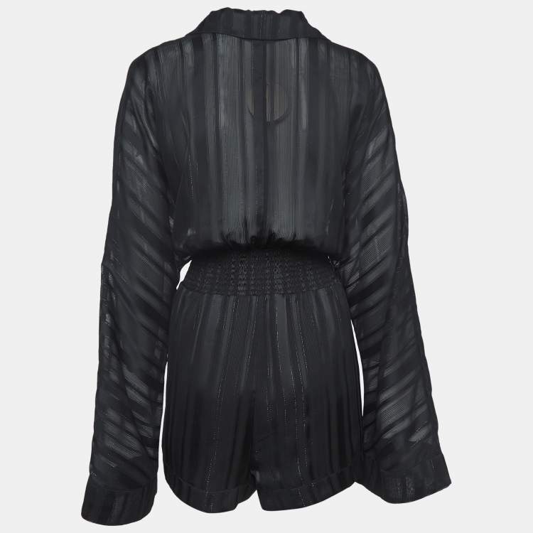 Pre Owned Camila Coelho Black Stripe Lurex Satin Amelia Playsuit L