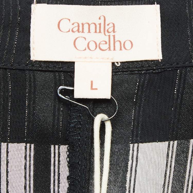 Pre Owned Camila Coelho Black Stripe Lurex Satin Amelia Playsuit L