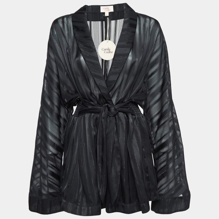 Pre Owned Camila Coelho Black Stripe Lurex Satin Amelia Playsuit L