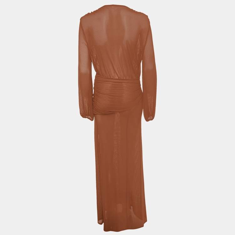 Pre Owned Camila Coelho Brown Jersey Mesh Plunge Neck Kimber Maxi Dress XS