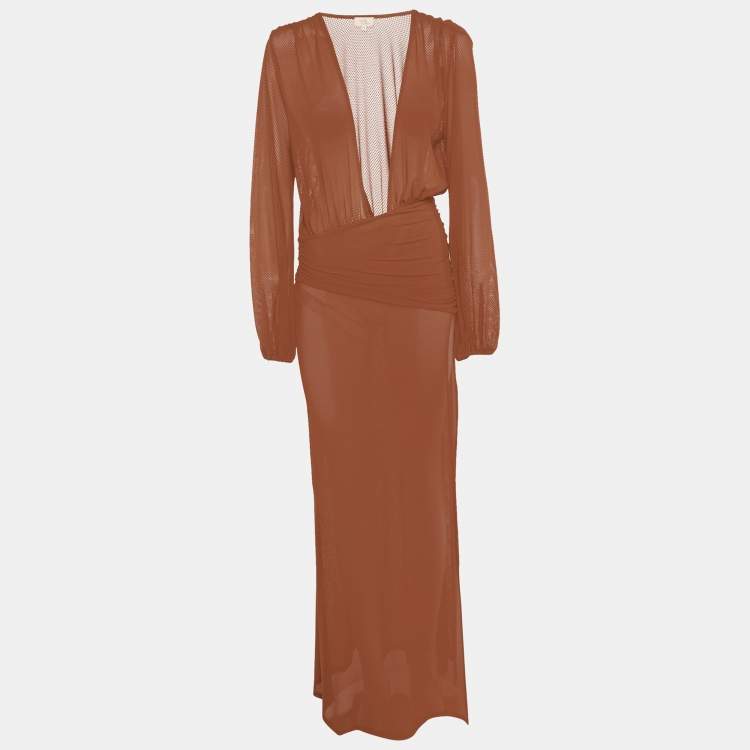 Pre Owned Camila Coelho Brown Jersey Mesh Plunge Neck Kimber Maxi Dress XS