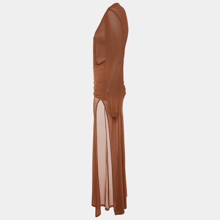 Pre Owned Camila Coelho Brown Jersey Mesh Plunge Neck Kimber Maxi Dress XS