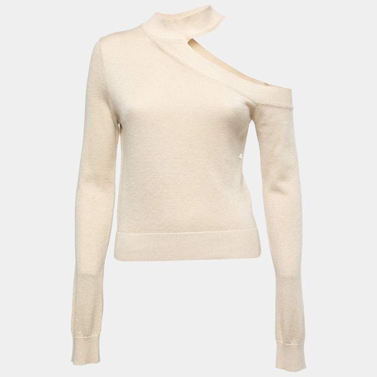 Pre Owned Camila Coelho Cream Lurex Knit Shoulder Cutout Detail Bexley Sweater Top M