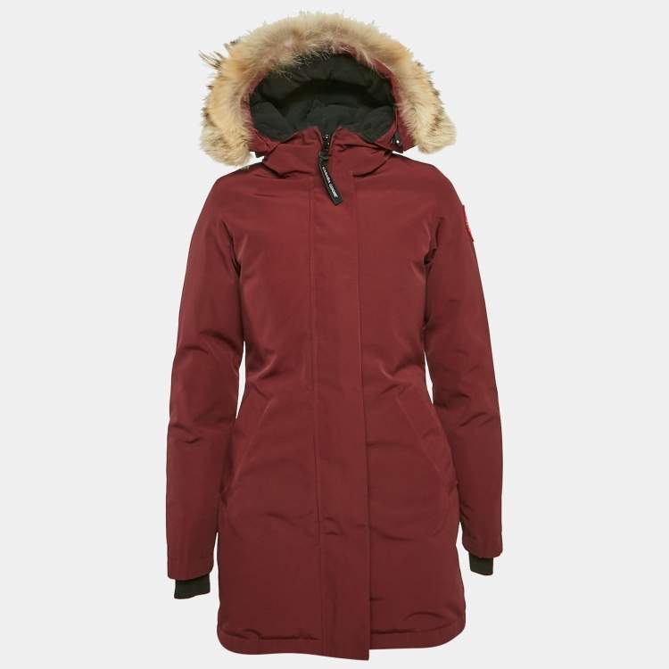 Pre Owned Canada Goose Burgundy Fur Trim Nylon Down Parka Jacket XS