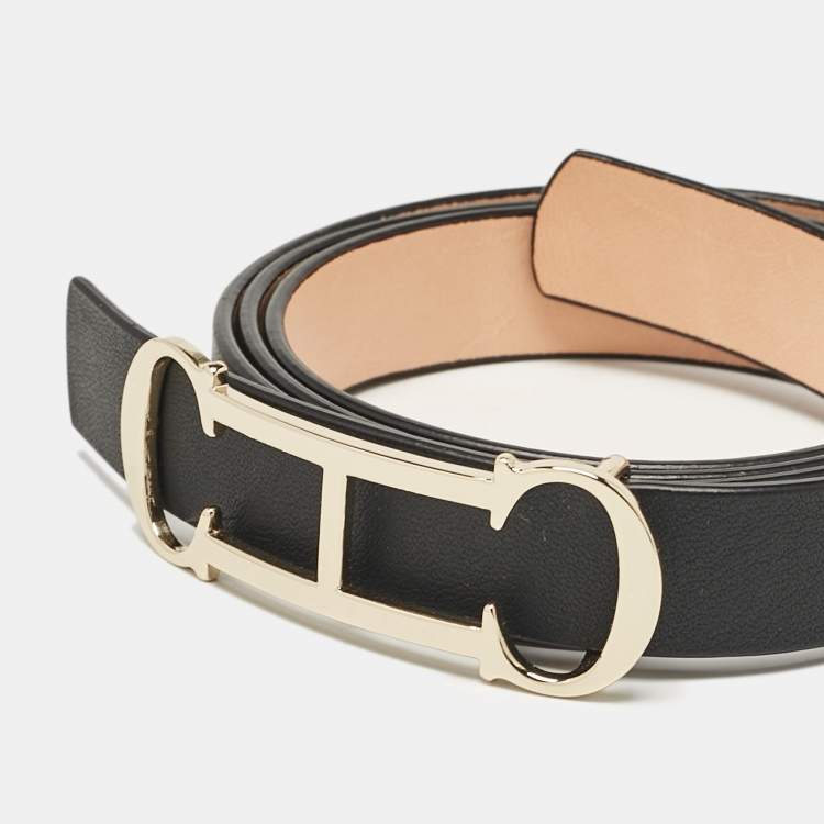 Pre Owned Carolina Herrera Black Leather Insignia Waist Belt 90CM