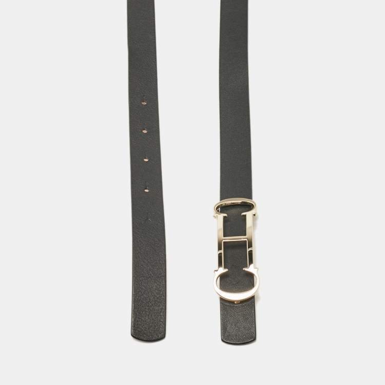 Pre Owned Carolina Herrera Black Leather Insignia Waist Belt 90CM