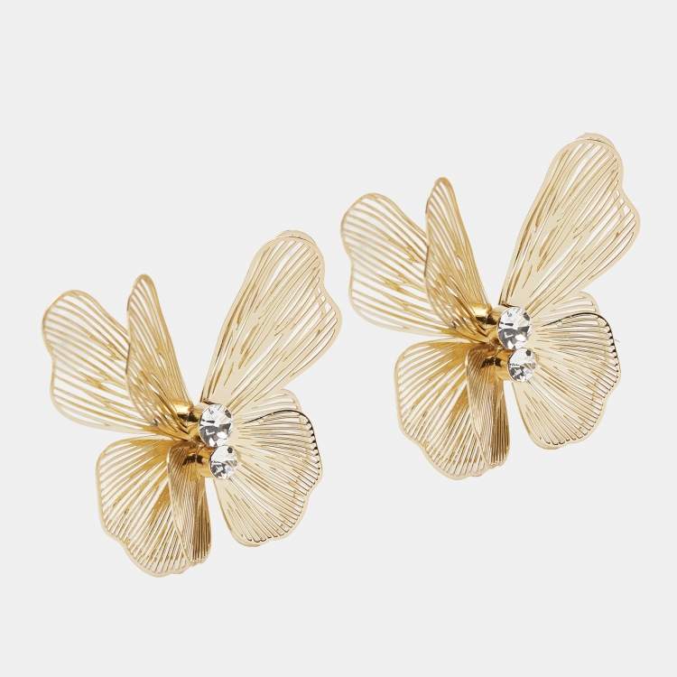 Pre Owned Carolina Herrera Laser Cut Butterfly Crystals Gold Tone Stud Earrings