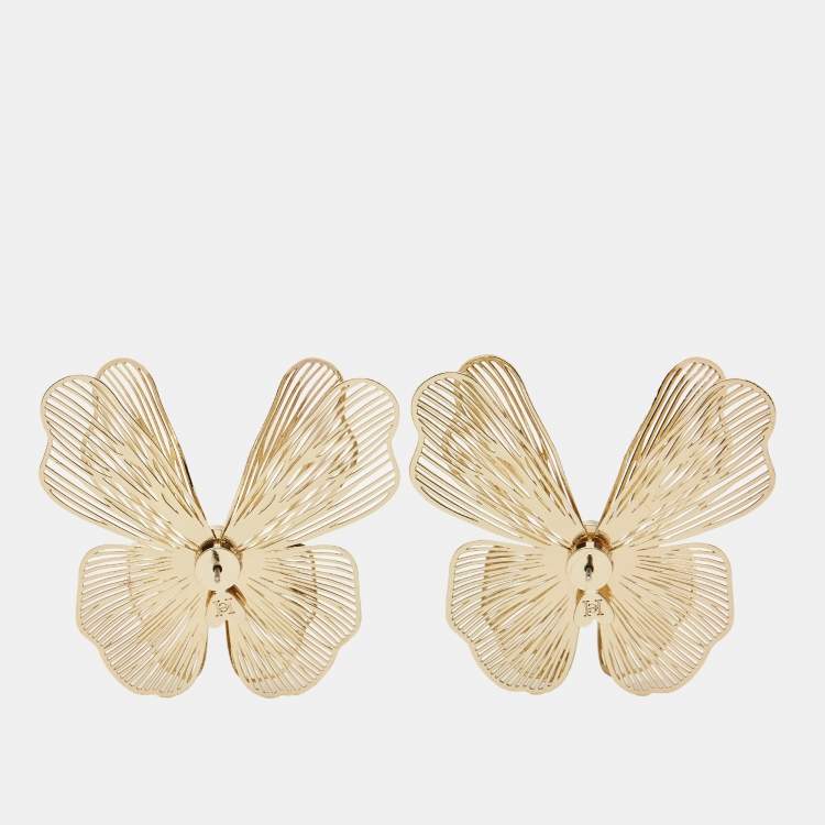 Pre Owned Carolina Herrera Laser Cut Butterfly Crystals Gold Tone Stud Earrings