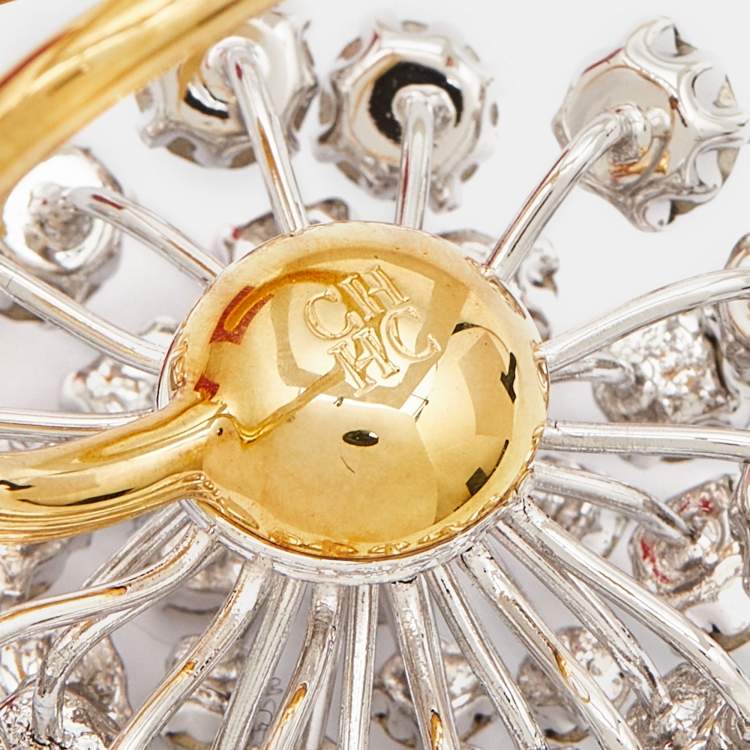 Pre Owned Carolina Herrera Crystals Two Tone Metal Ring Size 53