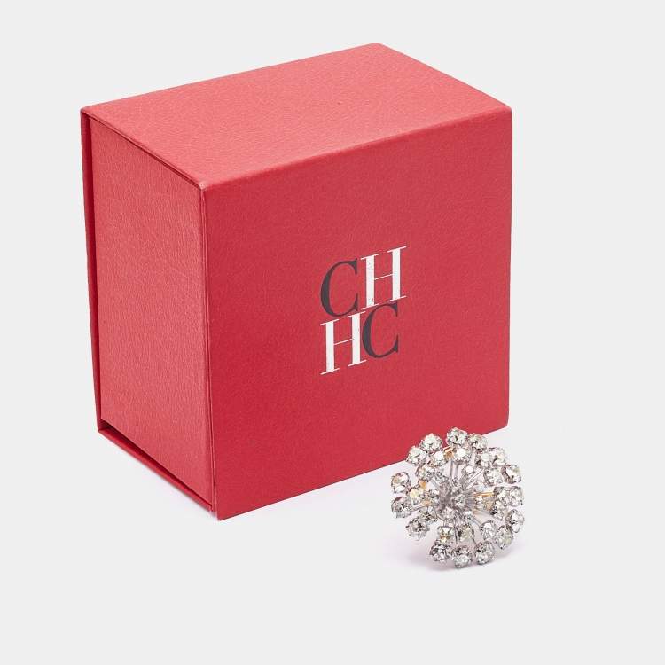 Pre Owned Carolina Herrera Crystals Two Tone Metal Ring Size 53