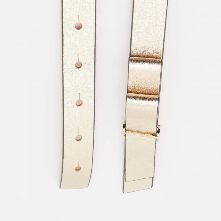 Pre Owned Carolina Herrera Gold Leather Bow Slim Belt 80CM