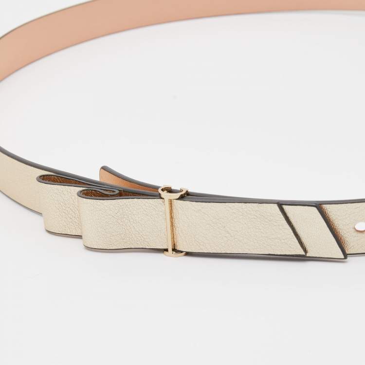 Pre Owned Carolina Herrera Gold Leather Bow Slim Belt 80CM