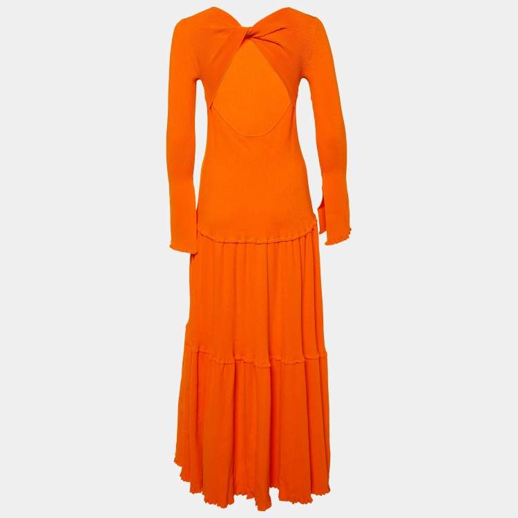 Pre Owned Carolina Herrera Orange Rib Knit Tiered Long Dress S