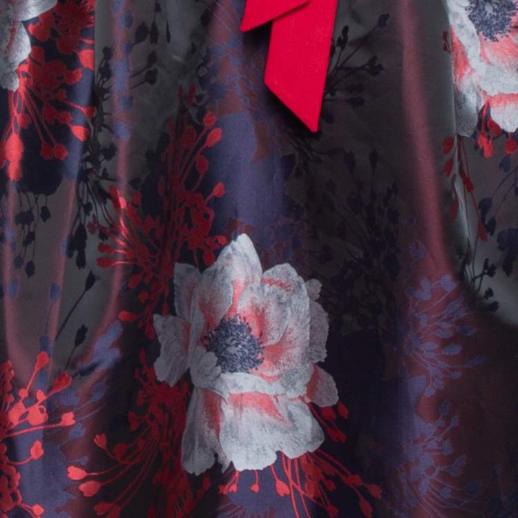Pre Owned Carolina Herrera Navy Blue & Red Floral Jacquard Strapless Dress M