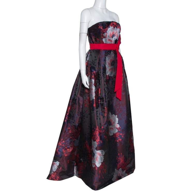 Pre Owned Carolina Herrera Navy Blue & Red Floral Jacquard Strapless Dress M