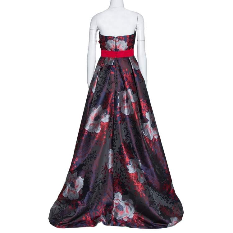 Pre Owned Carolina Herrera Navy Blue & Red Floral Jacquard Strapless Dress M