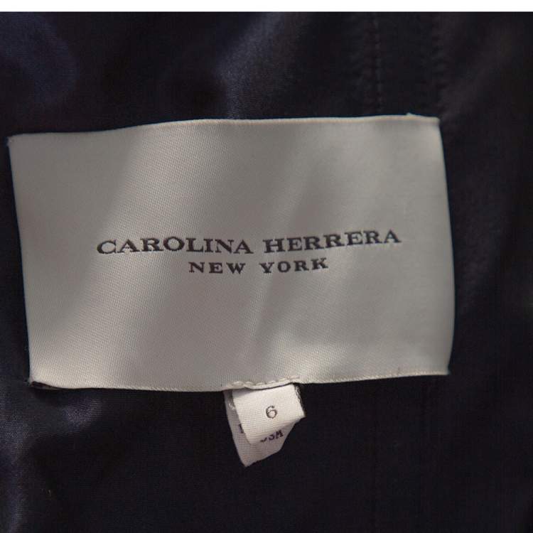 Pre Owned Carolina Herrera Navy Blue & Red Floral Jacquard Strapless Dress M