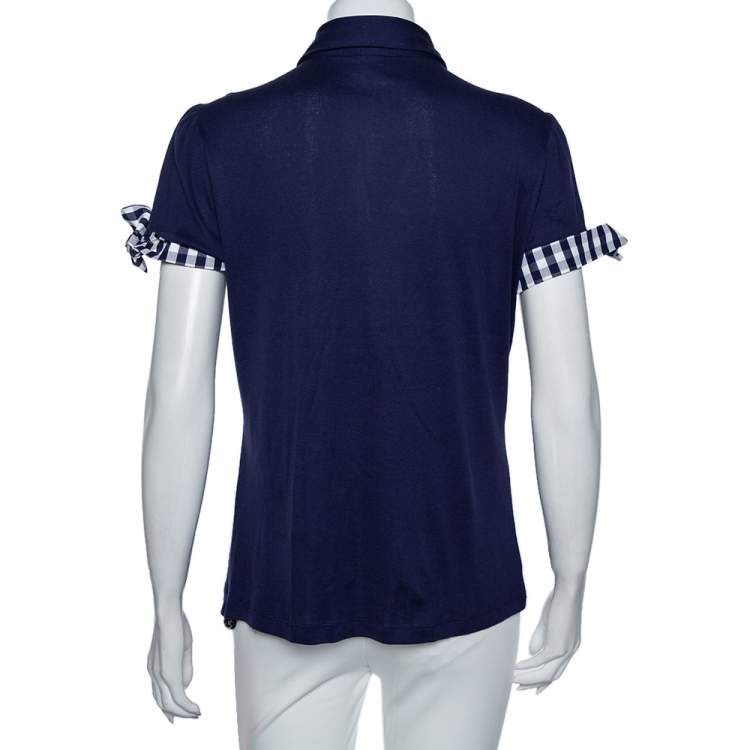 Pre Owned Carolina Herrera Indigo Cotton Check Trim Detail Polo T-Shirt L