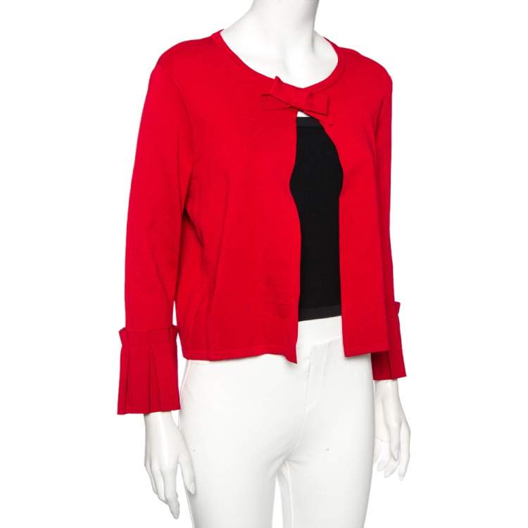Pre Owned CH Carolina Herrera Red Knit Buttoned Bow Neck Detail Cape Cardigan L