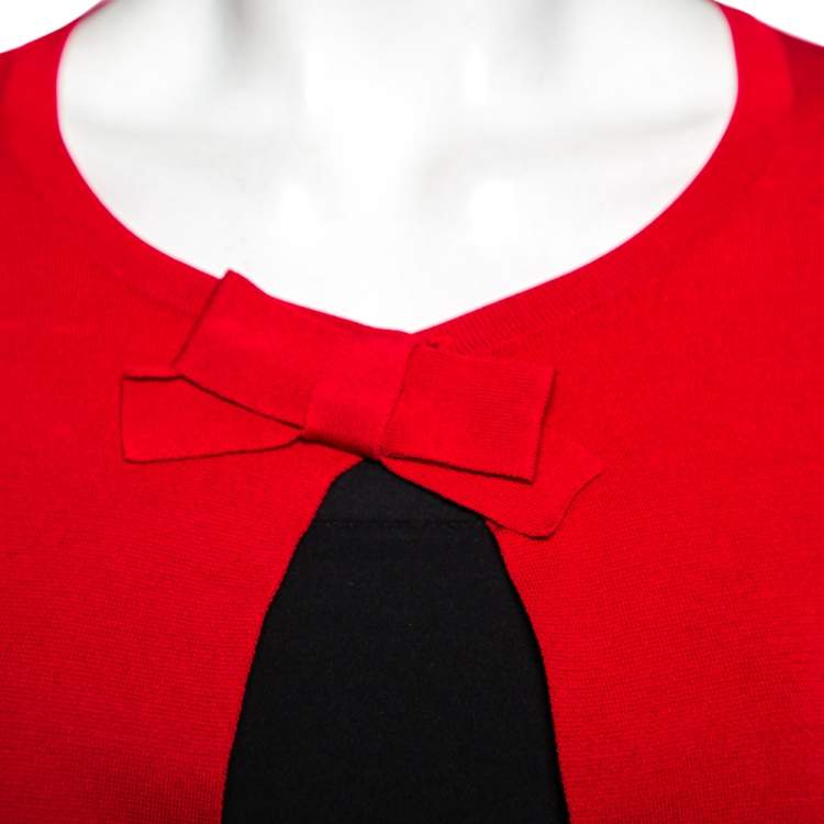Pre Owned CH Carolina Herrera Red Knit Buttoned Bow Neck Detail Cape Cardigan L