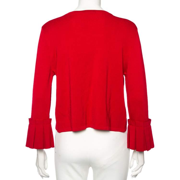 Pre Owned CH Carolina Herrera Red Knit Buttoned Bow Neck Detail Cape Cardigan L