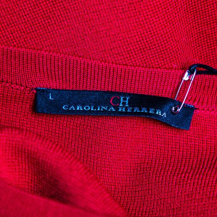 Pre Owned CH Carolina Herrera Red Knit Buttoned Bow Neck Detail Cape Cardigan L