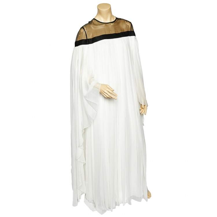 Pre Owned Carolina Herrera White Silk Winged Contrast Yoke Detail Flared Gown L
