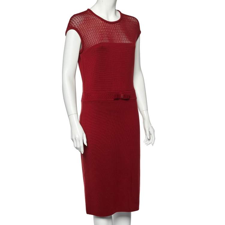 Pre Owned CH Carolina Herrera Burgundy Wool Knit Bow Detail Sleeveless Dress L