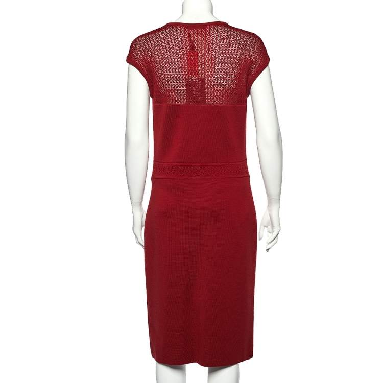 Pre Owned CH Carolina Herrera Burgundy Wool Knit Bow Detail Sleeveless Dress L