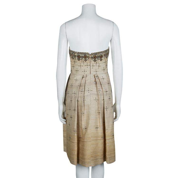 Pre Owned Carolina Herrera Beige Ombre Raw Silk Embellished Strapless Dress M