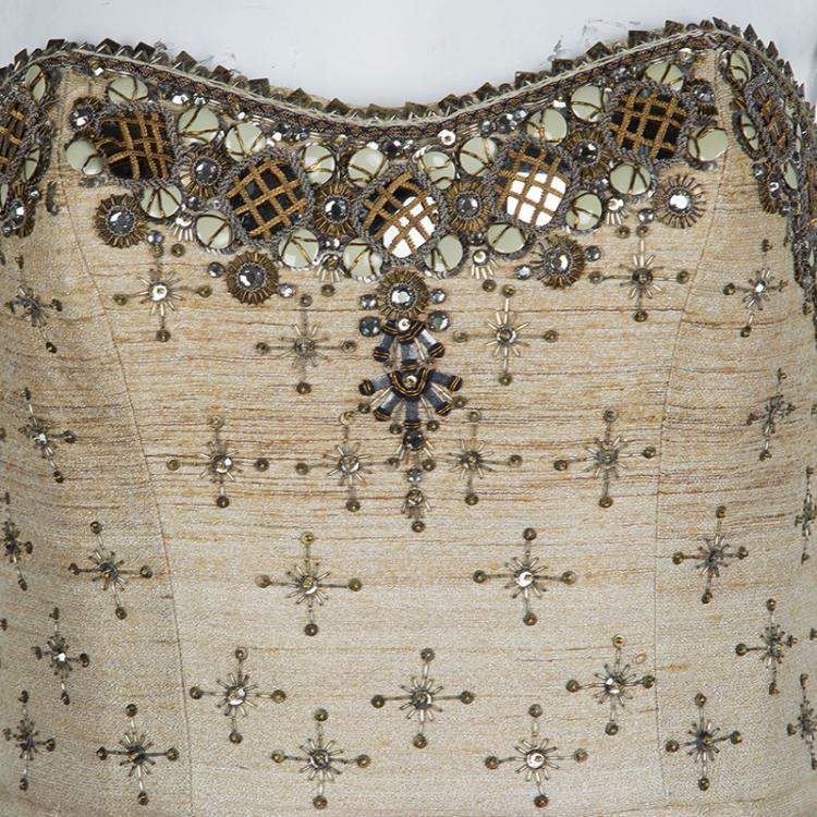 Pre Owned Carolina Herrera Beige Ombre Raw Silk Embellished Strapless Dress M
