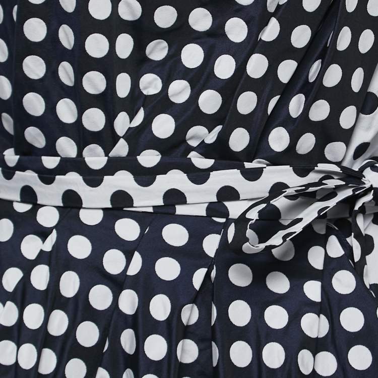 Pre Owned Carolina Herrera Navy Blue/Grey Polka Dot Taffeta One Shoulder Cascade Midi Dress M