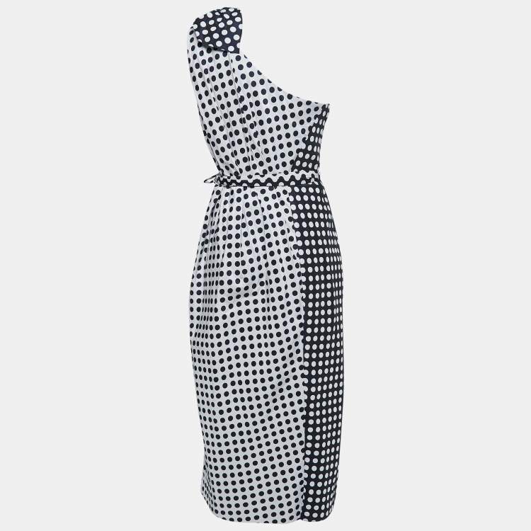 Pre Owned Carolina Herrera Navy Blue/Grey Polka Dot Taffeta One Shoulder Cascade Midi Dress M